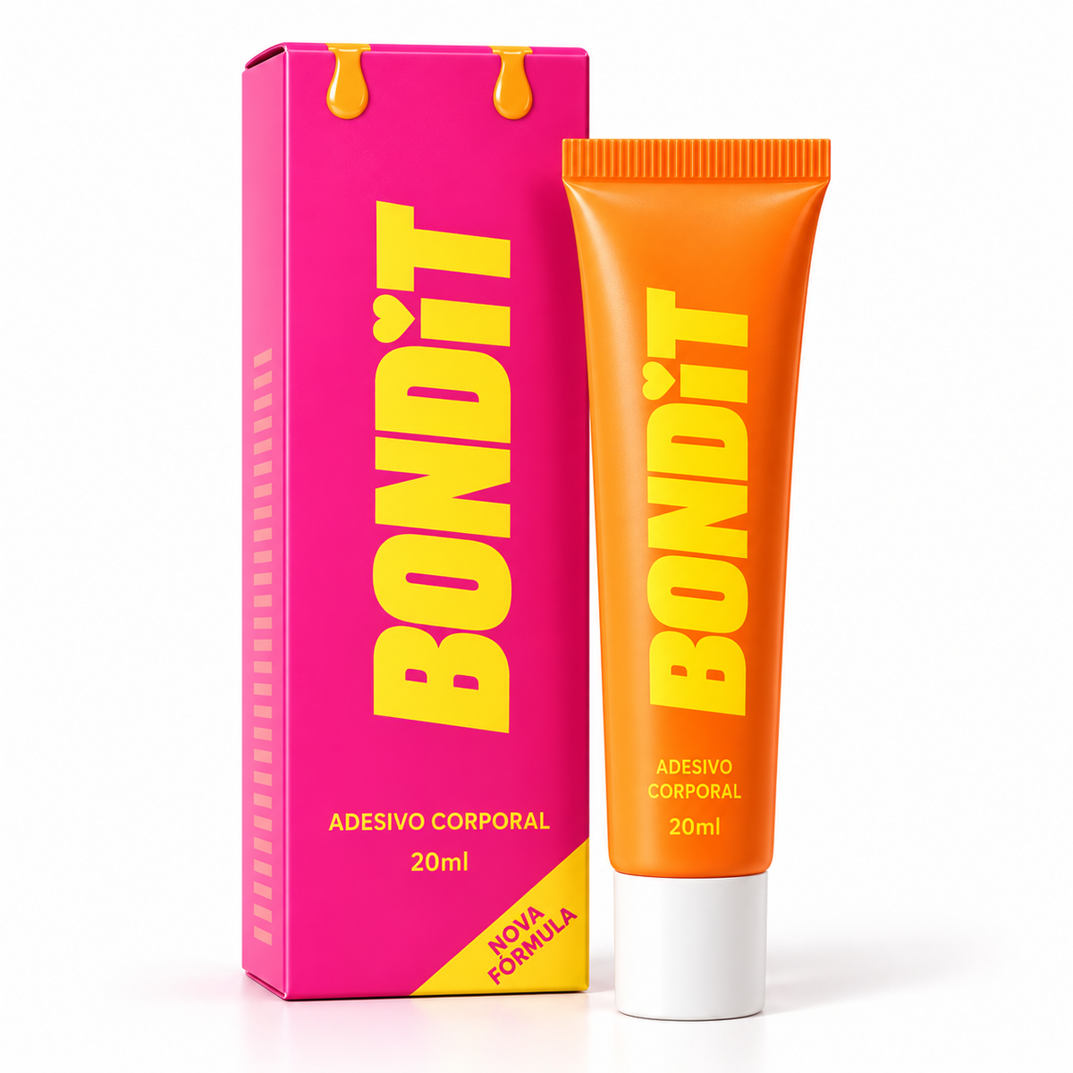 Cola corporal Bondit 20 ml com tubo laranja e caixa rosa em fundo branco
